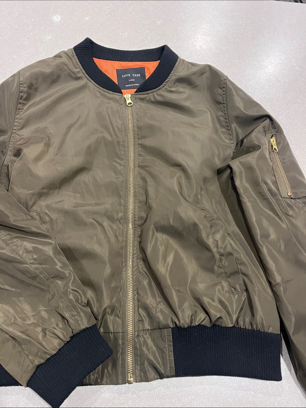 Love Tree Olive Bomber Jacket with Navy Trim